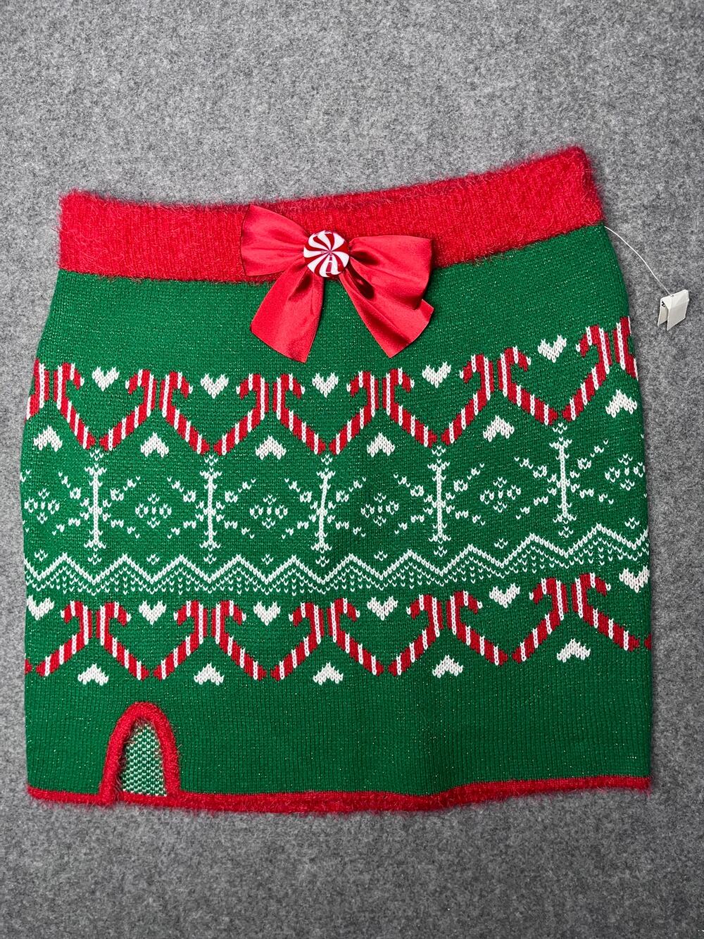 Planet Heart Fuzzy Ugly Christmas Sweater Skirt w Candy Bow Green Red Large NWOT